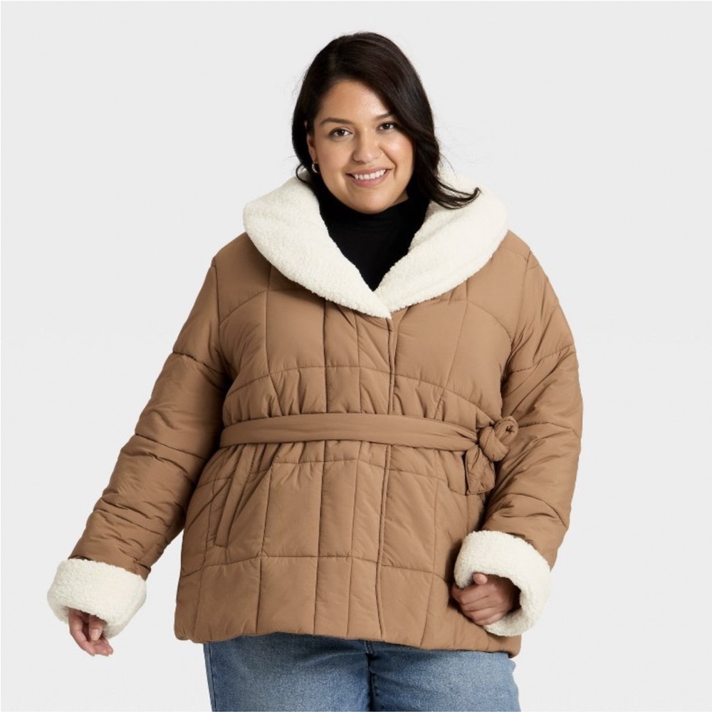 Target Quilted Belted Puffer Coat with Sherpa Trim — Camel